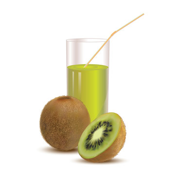 Photo realistic glass of juice kiwi and slice kiwi isolated on white background