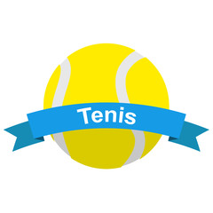 Fototapety  Tenis tekst wstążki płaska ikona z piłką w kolorze niebieskim