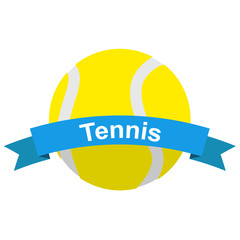 Icono plano cinta texto Tennis con pelota color azul