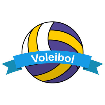 Icono plano cinta texto Voleibol con balon color azul