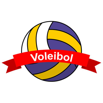 Icono plano cinta texto Voleibol con balon color rojo