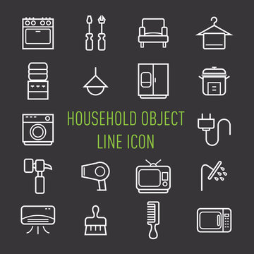 household object line icon isolated on black background
