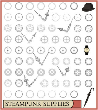 Steampunk clock parts,wristwatch,um brella,bowler hat