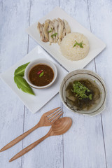 Chicken rice with spicy Thai style sauce and clear soup 