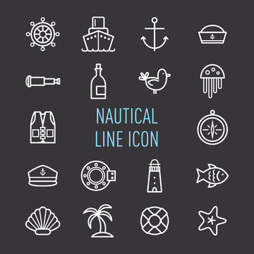 set of nautical line icon isolated on black background