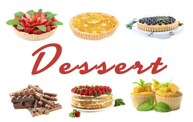 Collage of desserts isolated on white