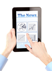 Man reading business news on tablet PC, isolated on white