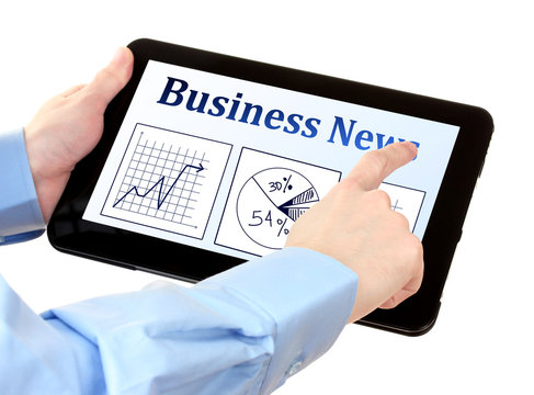 Man reading business news on tablet PC, isolated on white