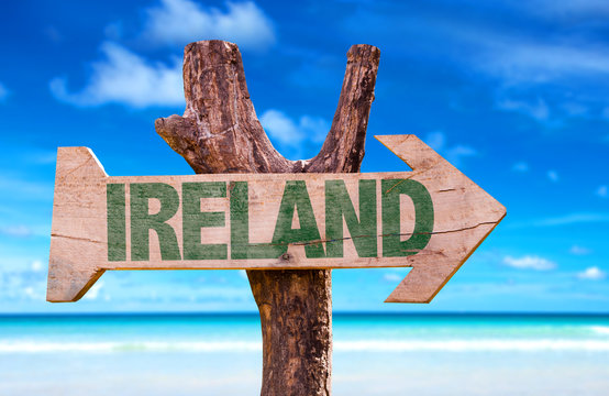Ireland wooden sign with ocean background
