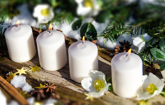 Frohe Weihnachten, Vorweihnachtszeit: Adventsgesteck mit Kerzen und Christrosen im Schnee :)