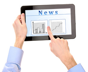 Man reading business news on tablet PC, isolated on white