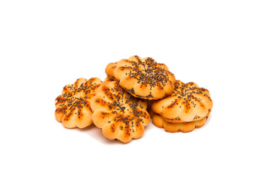 Round sugar cookies with poppy seeds on a white background.