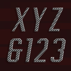 Carbon fiber Alphabet Vector Font. Part 5 of 6. Letters X, Y, Z and numbers 1, 2, 3.
Carbon fiber effect letters with metal bevel. Vector typeset for headlines, posters etc.