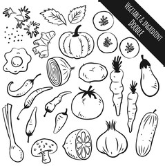 set of vegetable and ingredient doodle isolated on white background