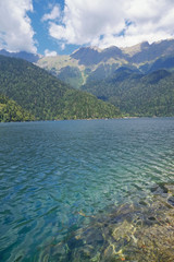 Lake Ritsa in mountains in Abkhazia.