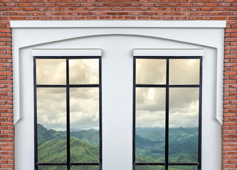 white modern window with brick wall on landscape mountain view background