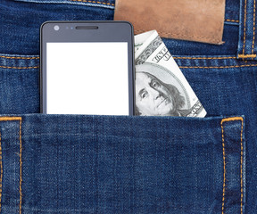 Phone in pocket displaying white screen. Cash dollars.