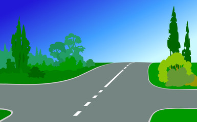 Vector illustration of crossroad in forest landscapes in the summer, with trees, bushes, grass and the blue sky in background. Empty space leaves room for design elements, custom signs or billboards.