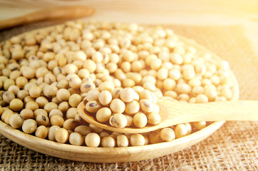 soybean on wooden board and sack