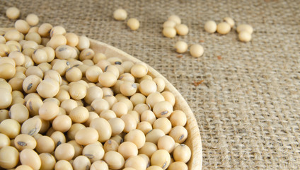 group of soy bean in wood plate on sack background