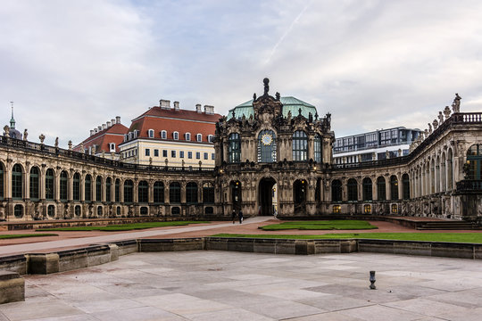 Panoramic view of Zwinger Palace at evening. Dresden, Germany.