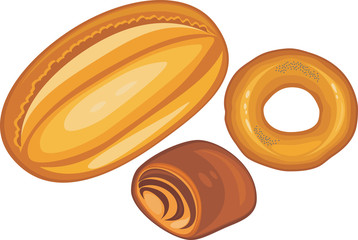 Loaf, bun and bagel isolated on the white