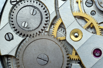 Metal Cogwheels in Old Clockwork, Macro.