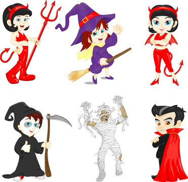 Cute group of little cheerful children with different Halloween costumes