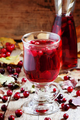 Hot mulled wine with cranberries on the background of autumn, se