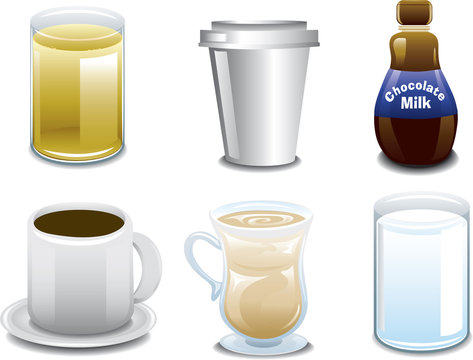 Illustrations of six different breakfast beverages or drinks.