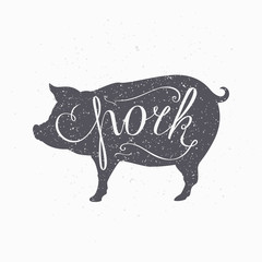 Hipster style pig silhouette. Pork meat hand lettering - 92546064