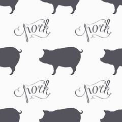 Hipster style pig seamless pattern. Pork meat hand lettering