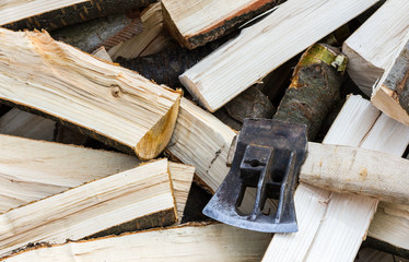 Axe on firewood. Conceptual background for your new project
