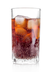 Cola glass with ice cubes on a white background