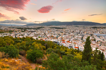 Morning view of Athens from Filopappou hill, Greece.