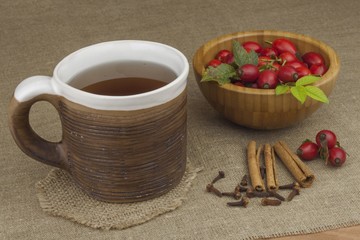 A flu epidemic. Traditional home treatment for colds and flu. Rosehip tea, honey and citrus. Hot tea with honey and lemon on a tabletop. Home Pharmacy. Proven treatment of diseases.
