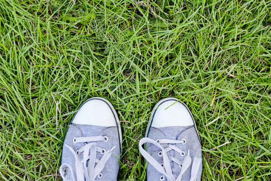 Feet in sneakers on green grass