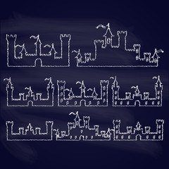 Set of Fantasy castles chalk silhouettes for design. Isolated on dark-blue  background. Vector