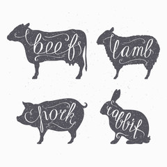 Hipster style farm animals silhouetts. Beef, lamb, pork and - 92549455