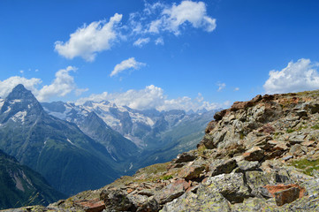 Mountain peaks, glaciers and valleys at Dombay region, Western Caucasus