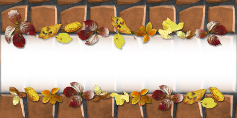 Background with pavement floor pattern of stones and yellow, brown and red autumn fallen leaves