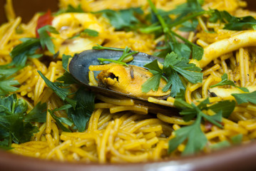 Fideua noodles with seafood, Mediterranean cuisine