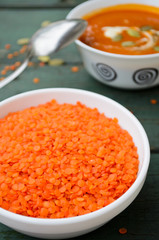 Vegetarian pumpkin-lentils cream soup with pepo seed