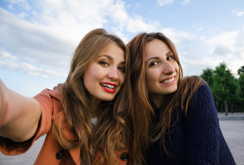 Two girlfriend smiling in the park make Selfie