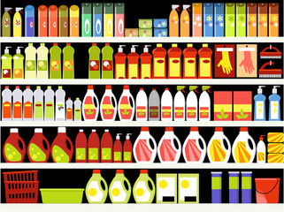 Household supplies aisle in the supermarket, shelves filled with cleaning products, ESP 8 vector illustration - obrazy, fototapety, plakaty