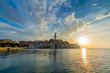 Naklejka premium Beautiful romantic old town of Rovinj with magical sunset,Istrian Peninsula,Croatia,Europe