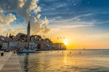 Fototapeta na wymiar Beautiful romantic old town of Rovinj with magical sunset,Istrian Peninsula,Croatia,Europe
