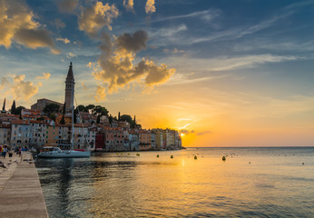 Fototapeta na wymiar Beautiful romantic old town of Rovinj with magical sunset,Istrian Peninsula,Croatia,Europe