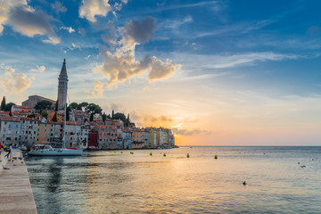 Beautiful sunset at Rovinj in Adriatic sea coast of Croatia, Europe.