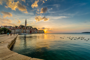 Beautiful sunset at Rovinj in Adriatic sea coast of Croatia, Europe.